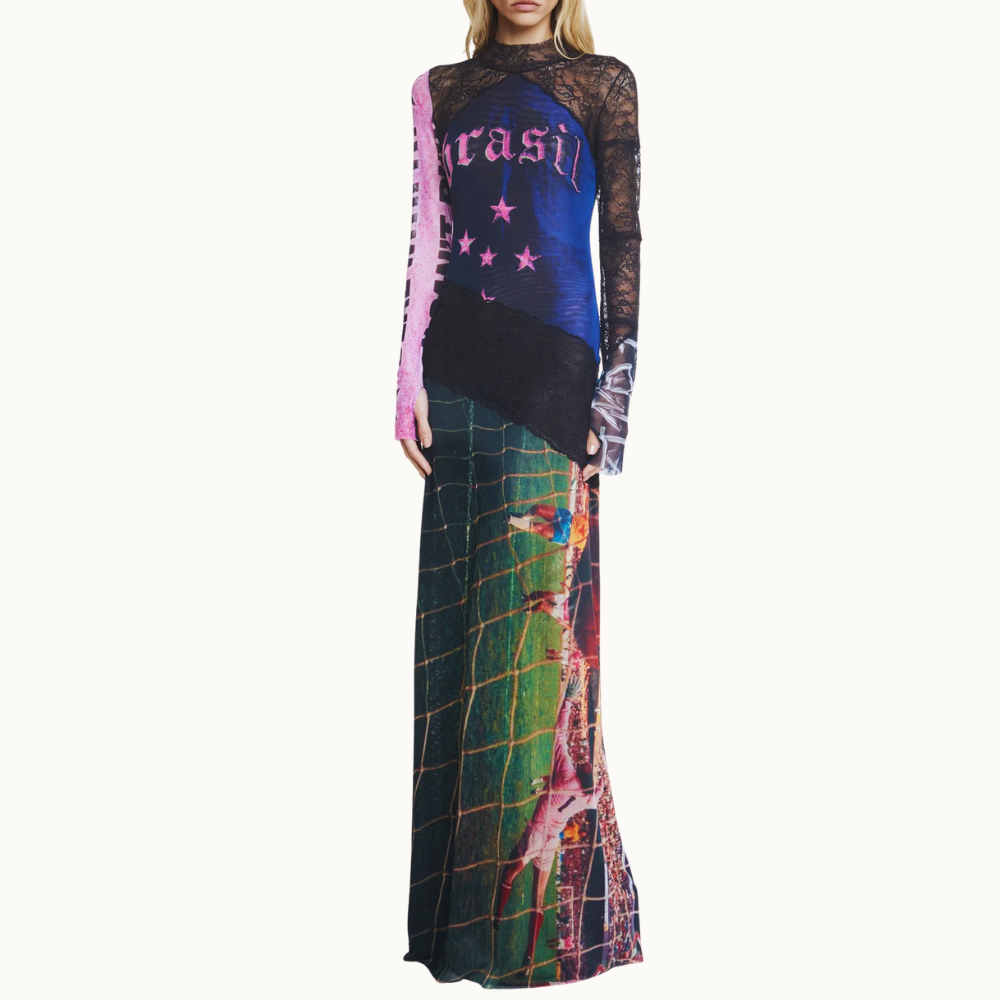 VESTIDO LONGO MANGA LONGA GOLA ALTA TULE E RENDA BRASIL