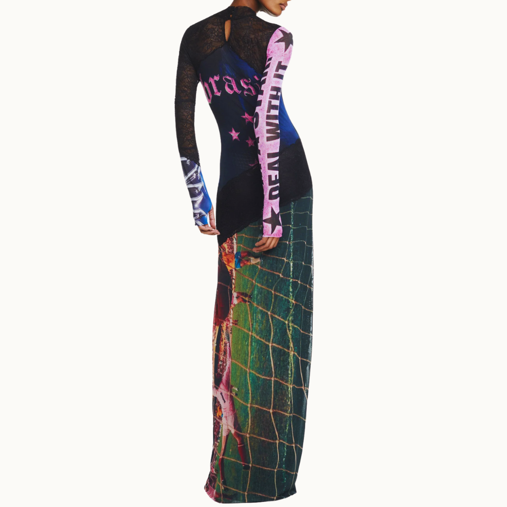 VESTIDO LONGO MANGA LONGA GOLA ALTA TULE E RENDA BRASIL