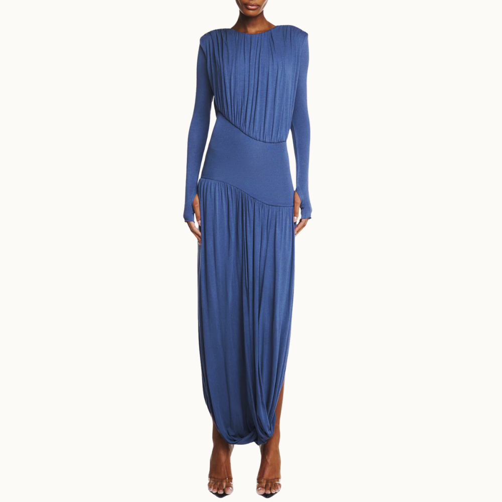 VESTIDO LONGO MANGA LONGA SAIA TORCIDA CORPO DRAPEADO MALHA AZUL