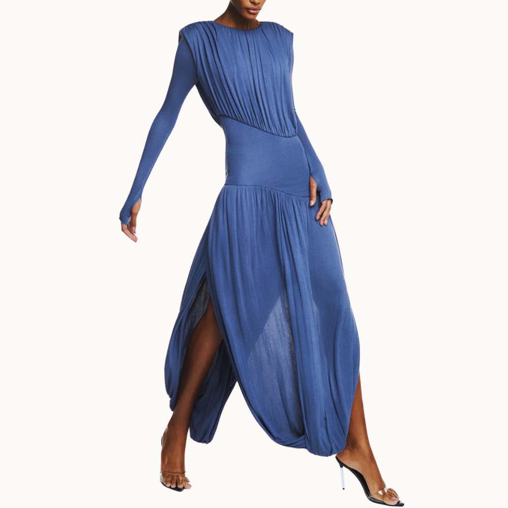 VESTIDO LONGO MANGA LONGA SAIA TORCIDA CORPO DRAPEADO MALHA AZUL