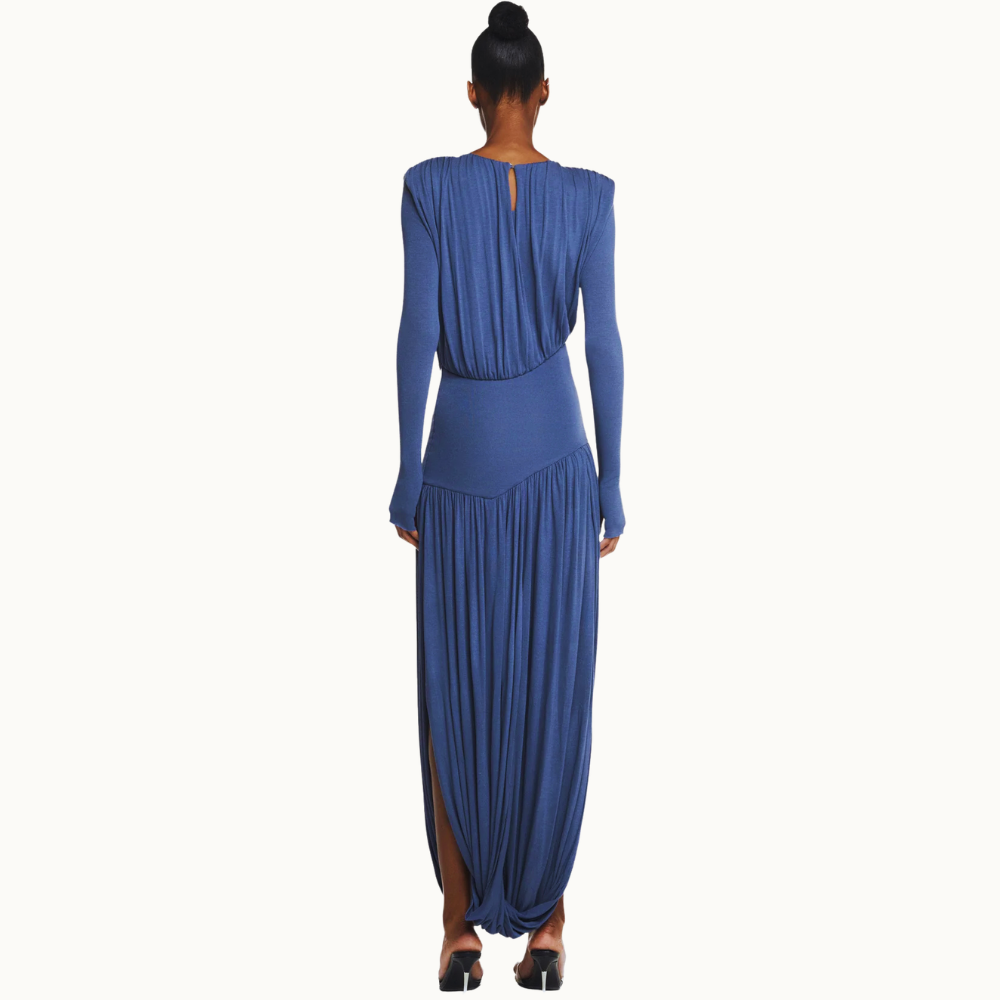 VESTIDO LONGO MANGA LONGA SAIA TORCIDA CORPO DRAPEADO MALHA AZUL