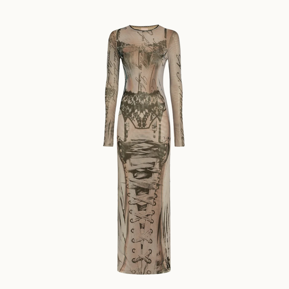 VESTIDO LONGO MANGA LONGA TULE ESTAMPA CORSET
