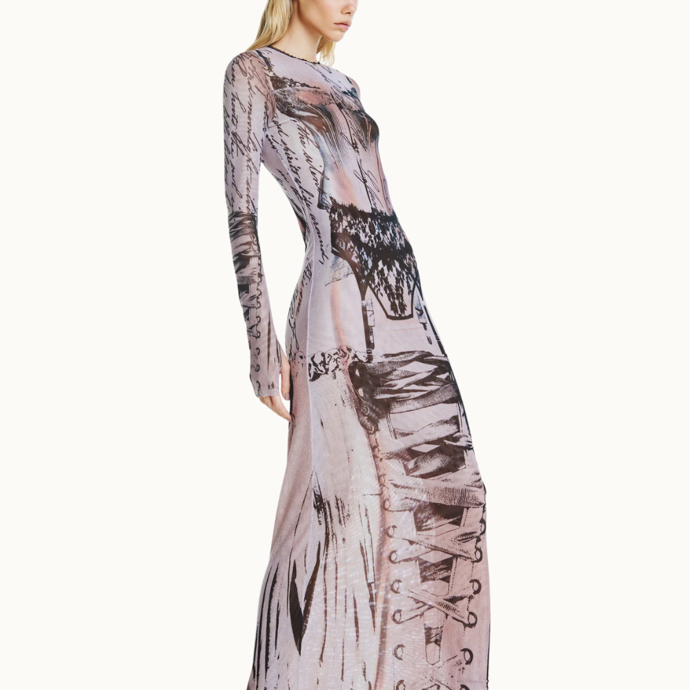 VESTIDO LONGO MANGA LONGA TULE ESTAMPA CORSET
