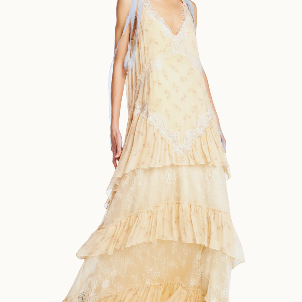 VESTIDO LONGO MANGA LONGA CHIFFON FLORAL COM RENDA