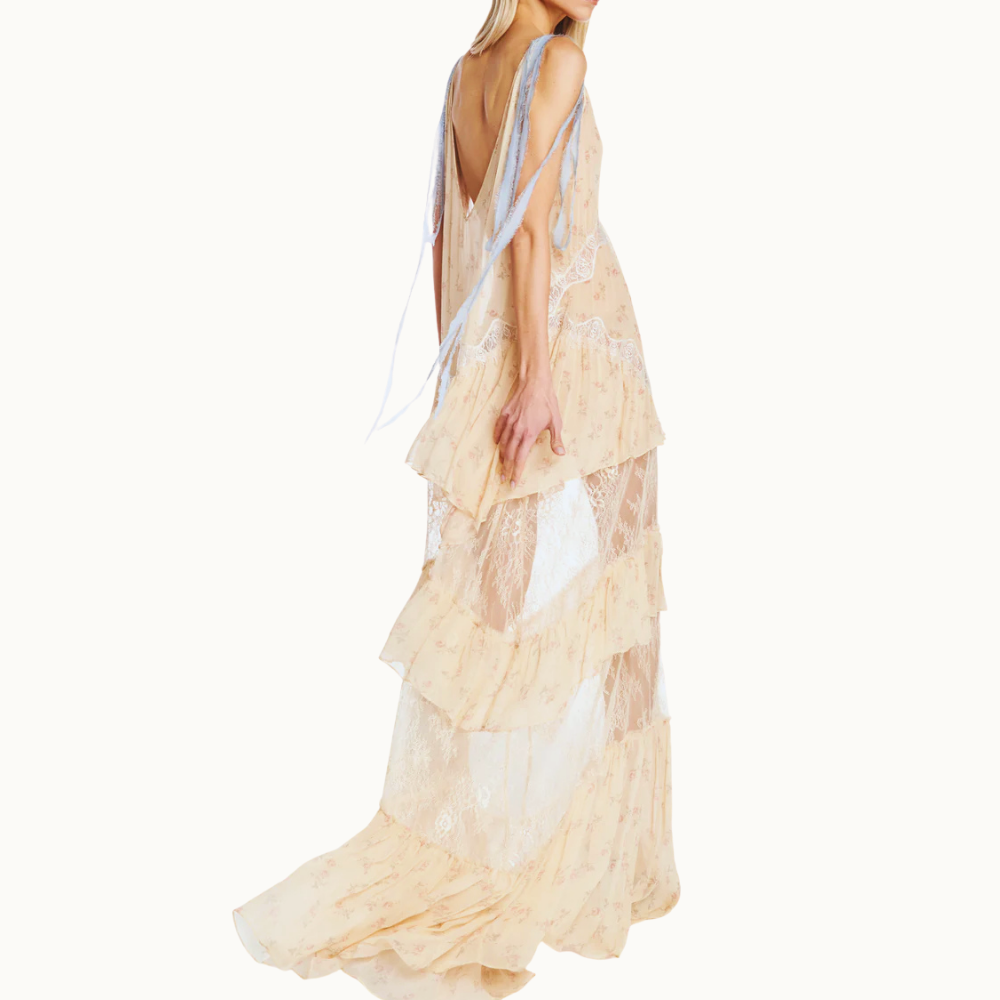 VESTIDO LONGO MANGA LONGA CHIFFON FLORAL COM RENDA