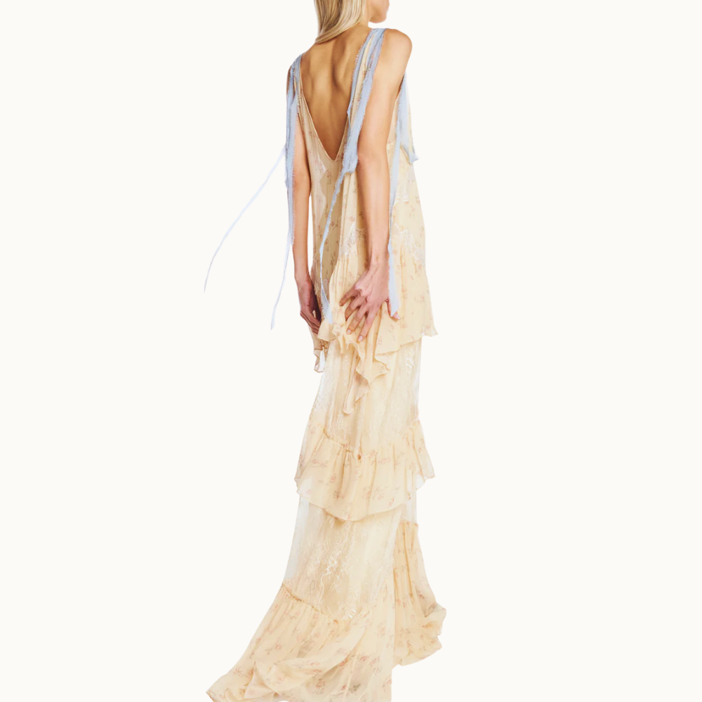 VESTIDO LONGO MANGA LONGA CHIFFON FLORAL COM RENDA