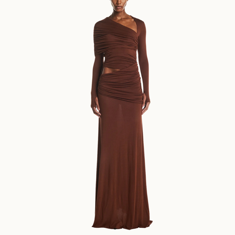 VESTIDO LONGO TRANSPASSES DECOTE ASSIMÉTRICO MANGA LONGA