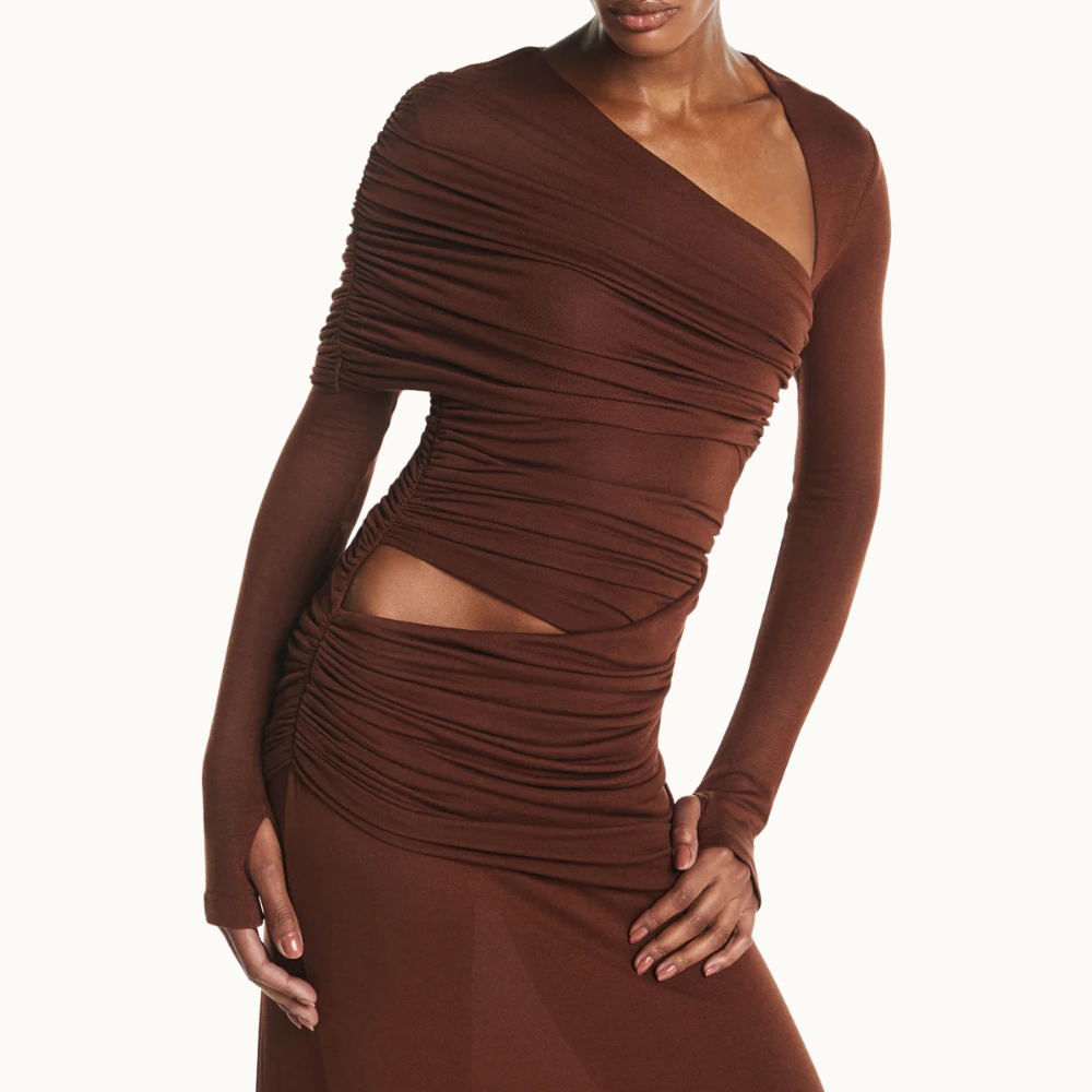 VESTIDO LONGO TRANSPASSES DECOTE ASSIMÉTRICO MANGA LONGA