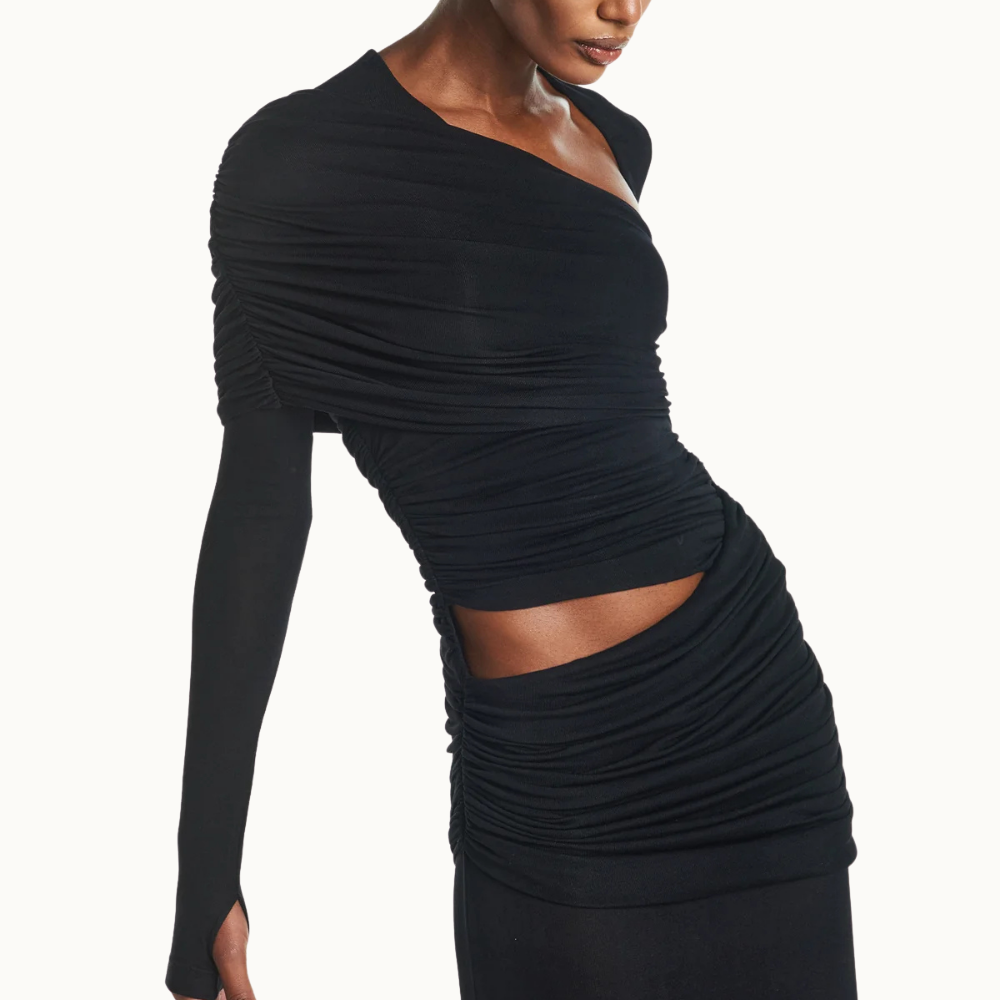 VESTIDO LONGO TRANSPASSES DECOTE ASSIMÉTRICO MANGA LONGA