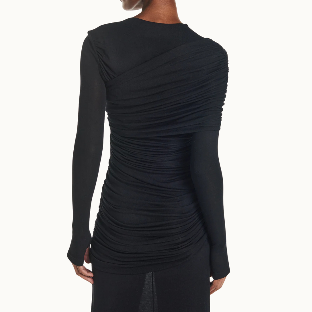 VESTIDO LONGO TRANSPASSES DECOTE ASSIMÉTRICO MANGA LONGA