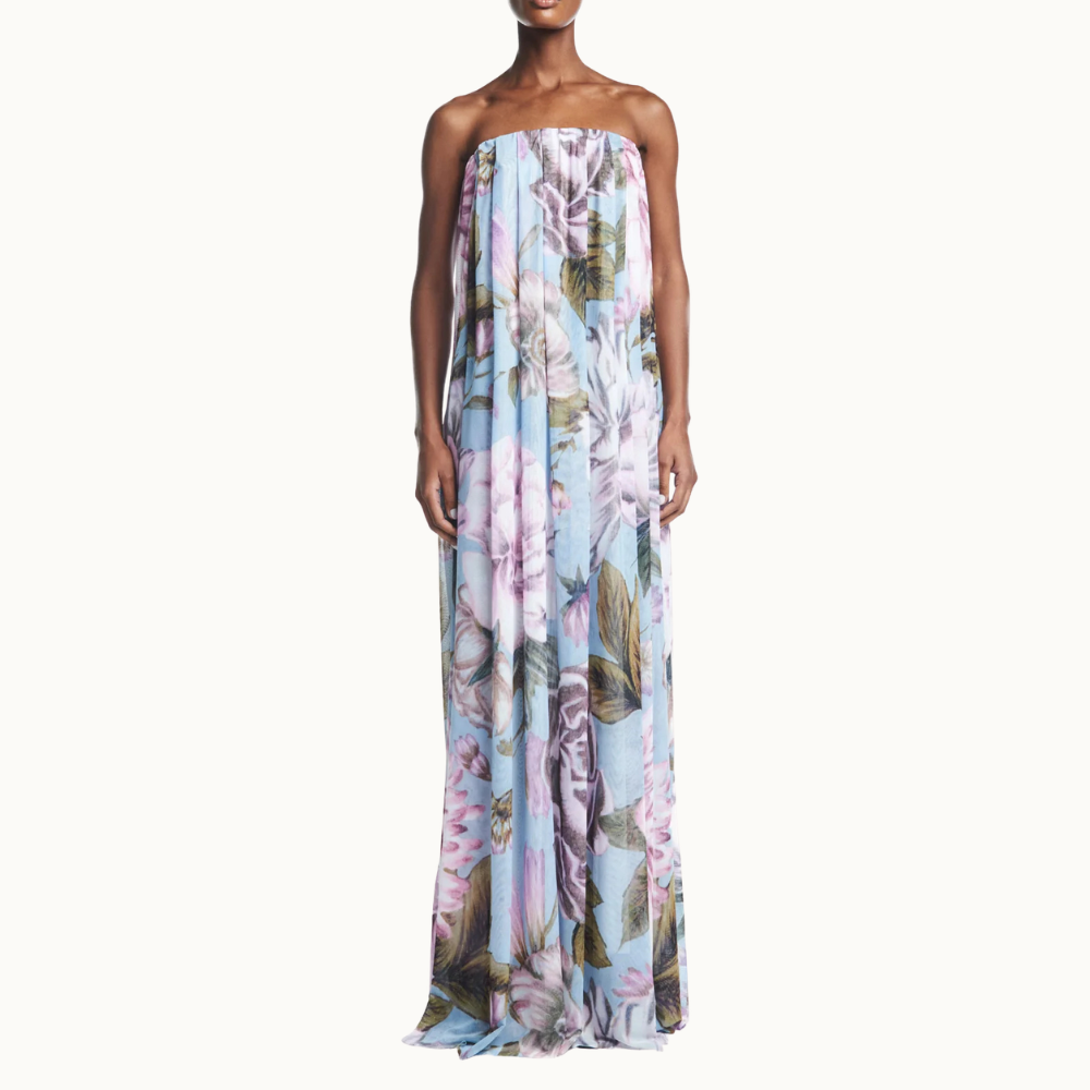 VESTIDO LONGO AMPLO TOMARA QUE CAIA TULE FLORAL