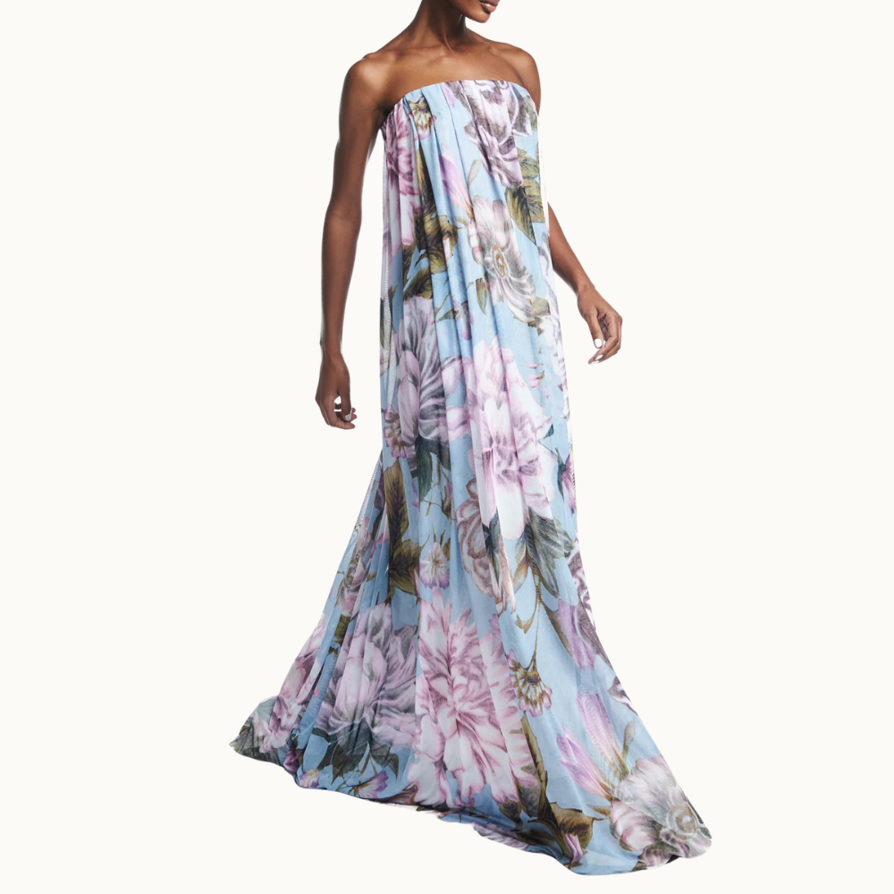 VESTIDO LONGO AMPLO TOMARA QUE CAIA TULE FLORAL