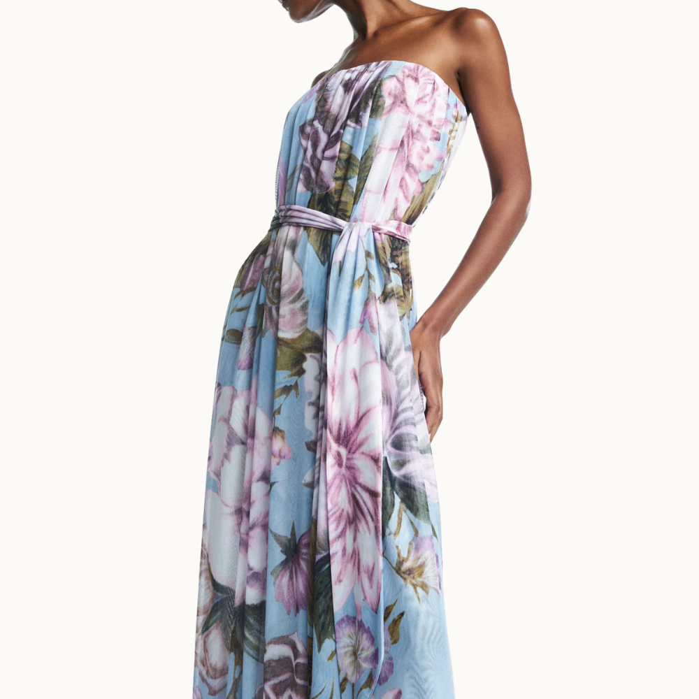 VESTIDO LONGO AMPLO TOMARA QUE CAIA TULE FLORAL