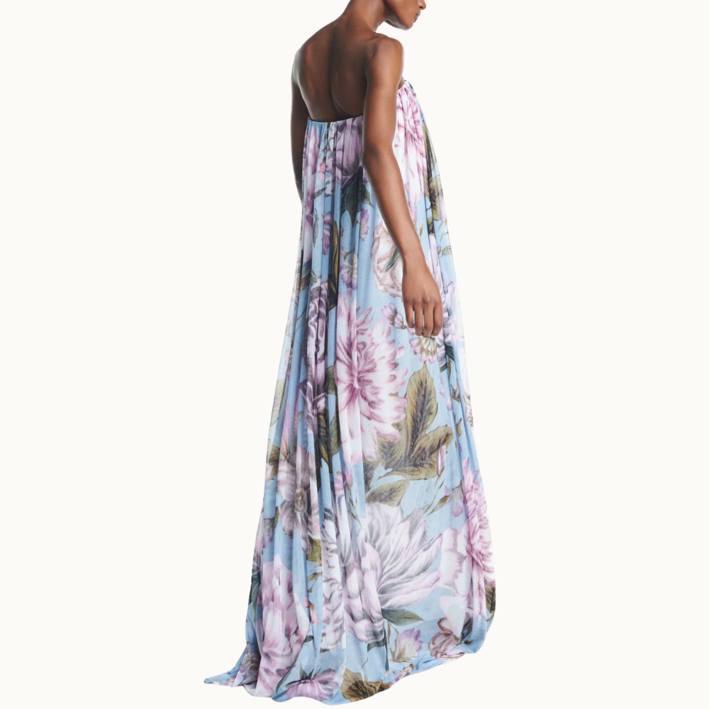 VESTIDO LONGO AMPLO TOMARA QUE CAIA TULE FLORAL