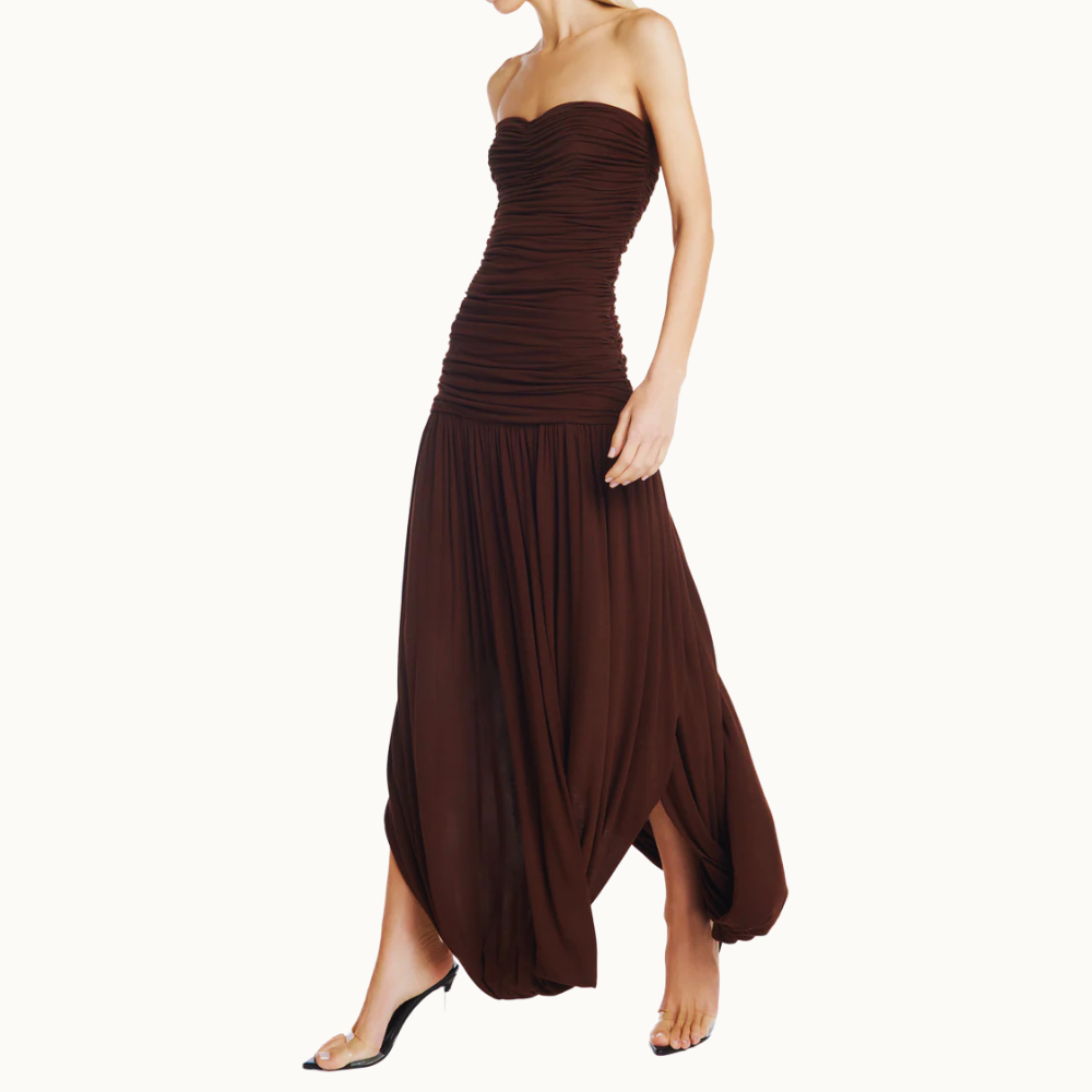 VESTIDO TOMARA QUE CAIA CORPO DRAPEADO SAIA TORCIDA