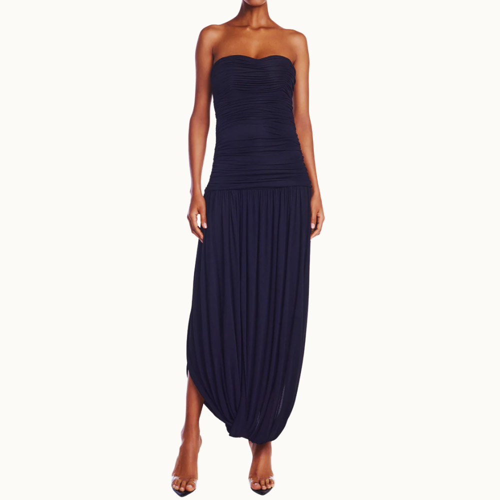 VESTIDO TOMARA QUE CAIA CORPO DRAPEADO SAIA TORCIDA