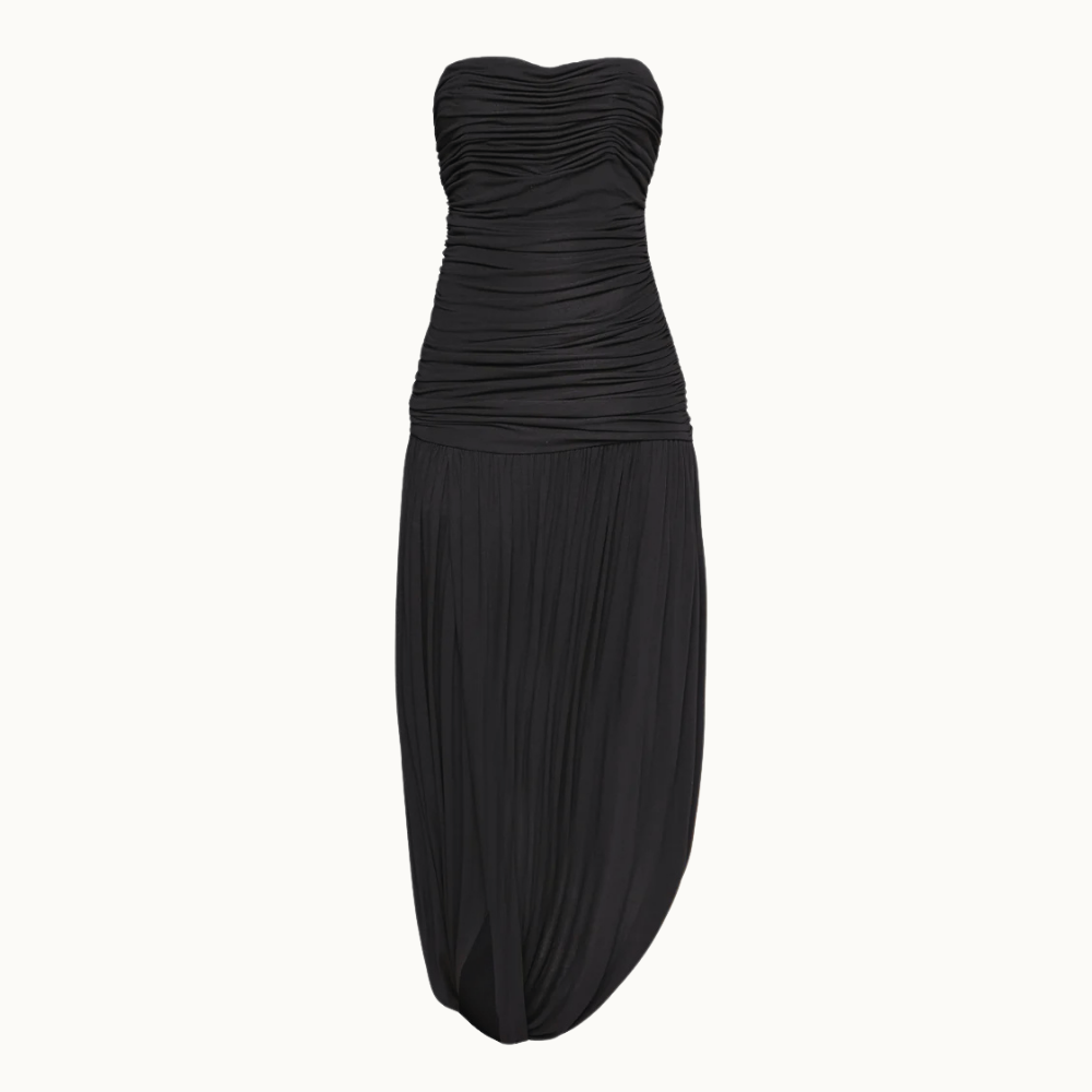 VESTIDO TOMARA QUE CAIA CORPO DRAPEADO SAIA TORCIDA