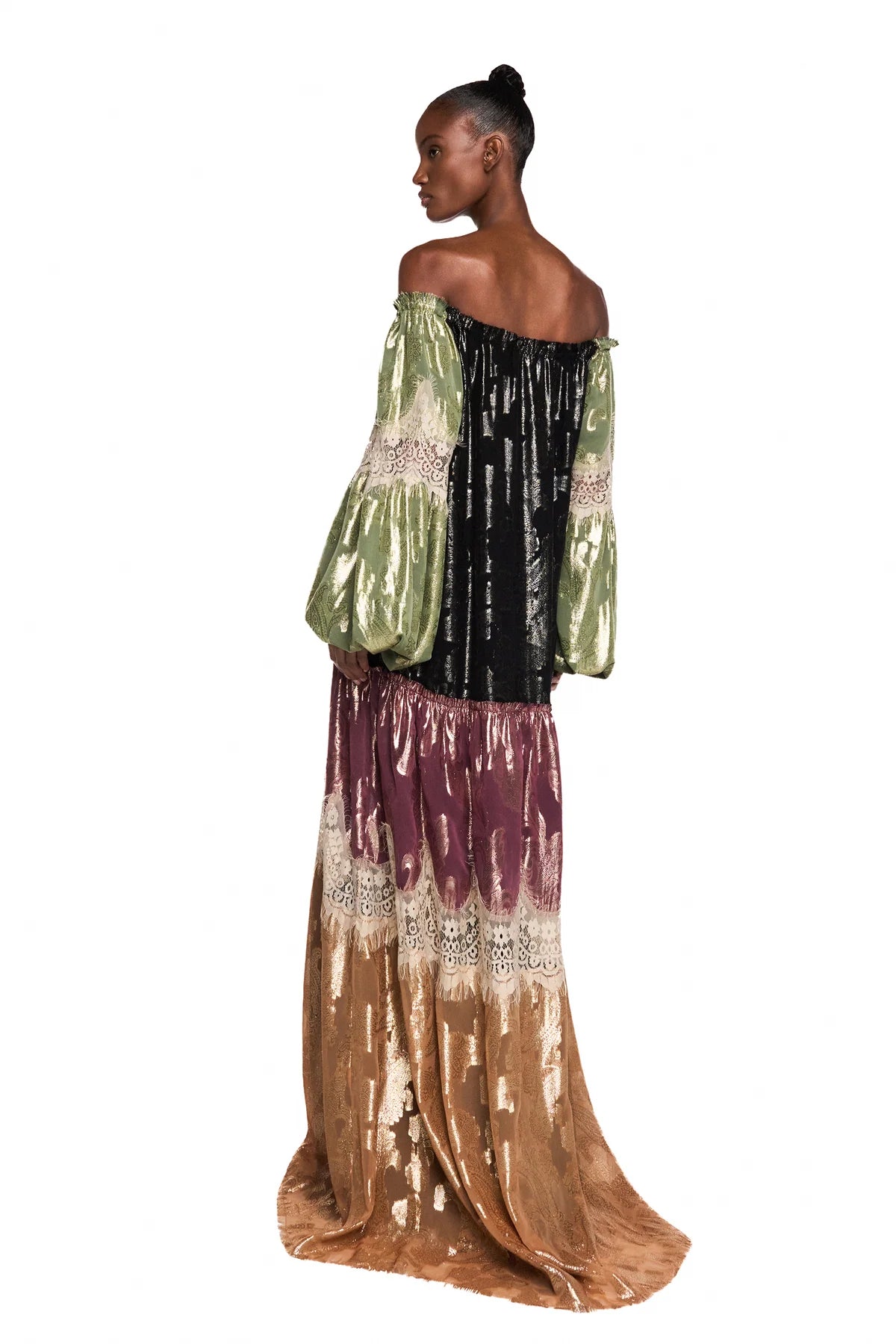 VESTIDO LONGO AMPLO MANGA LONGA PATCHWORK JACQUARD LUREX RENDA