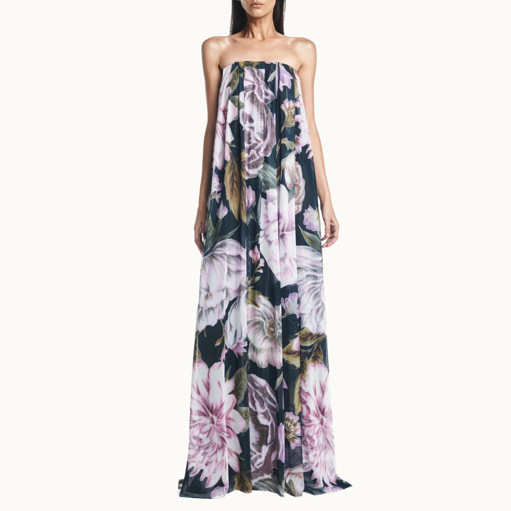 VESTIDO LONGO AMPLO TOMARA QUE CAIA TULE FLORAL