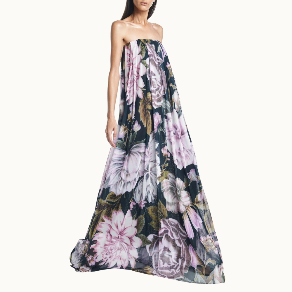 VESTIDO LONGO AMPLO TOMARA QUE CAIA TULE FLORAL