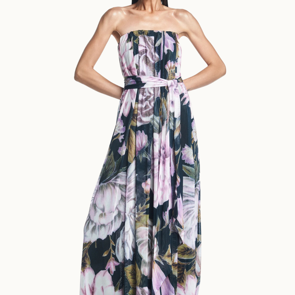 VESTIDO LONGO AMPLO TOMARA QUE CAIA TULE FLORAL