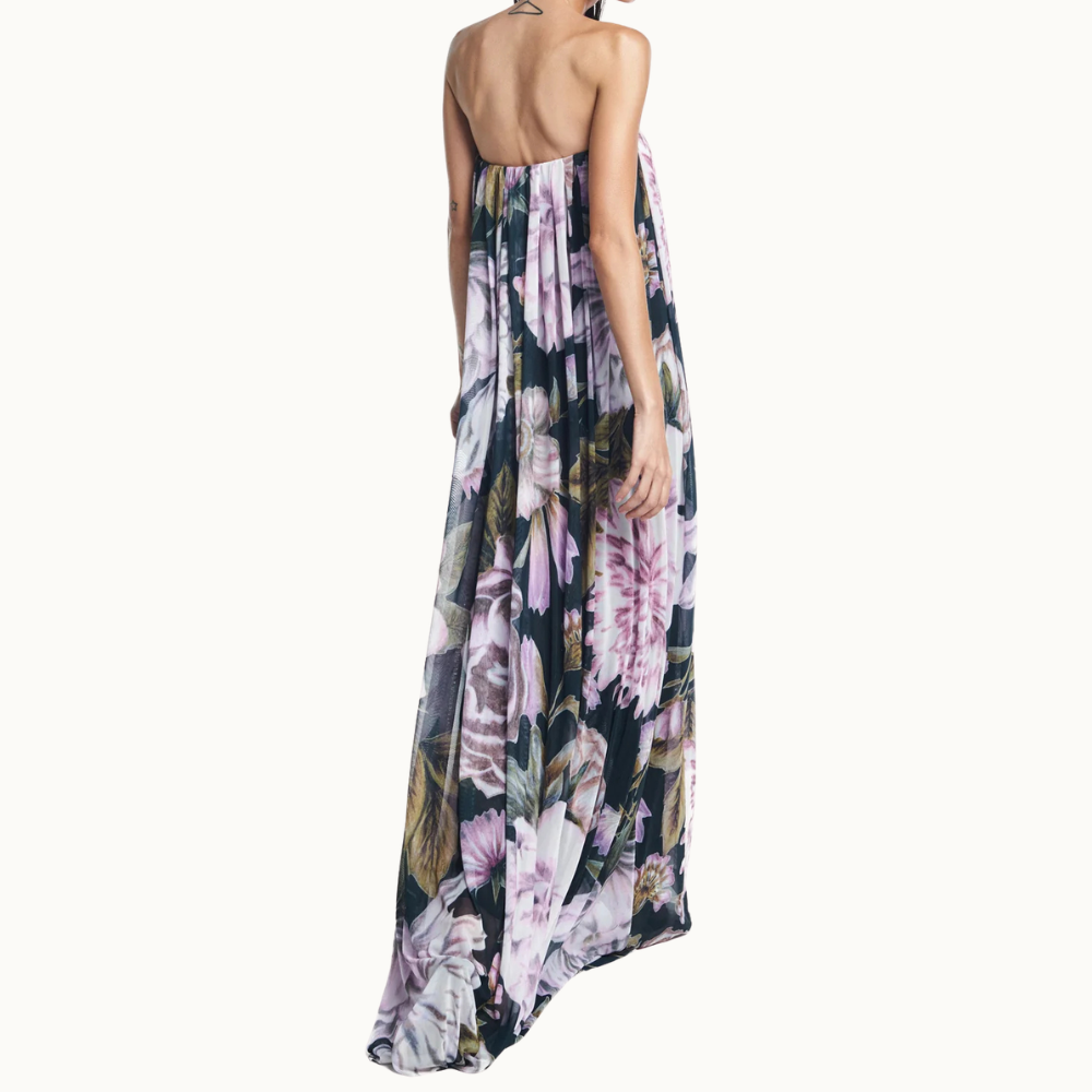 VESTIDO LONGO AMPLO TOMARA QUE CAIA TULE FLORAL