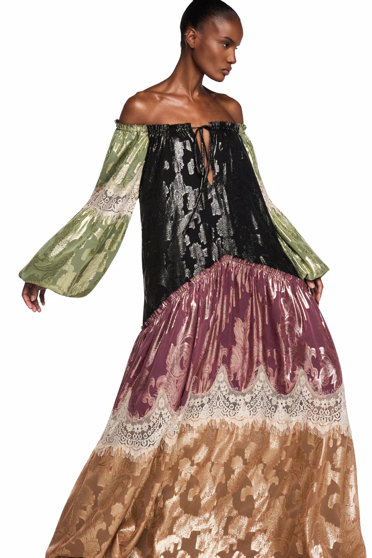 VESTIDO LONGO AMPLO MANGA LONGA PATCHWORK JACQUARD LUREX RENDA