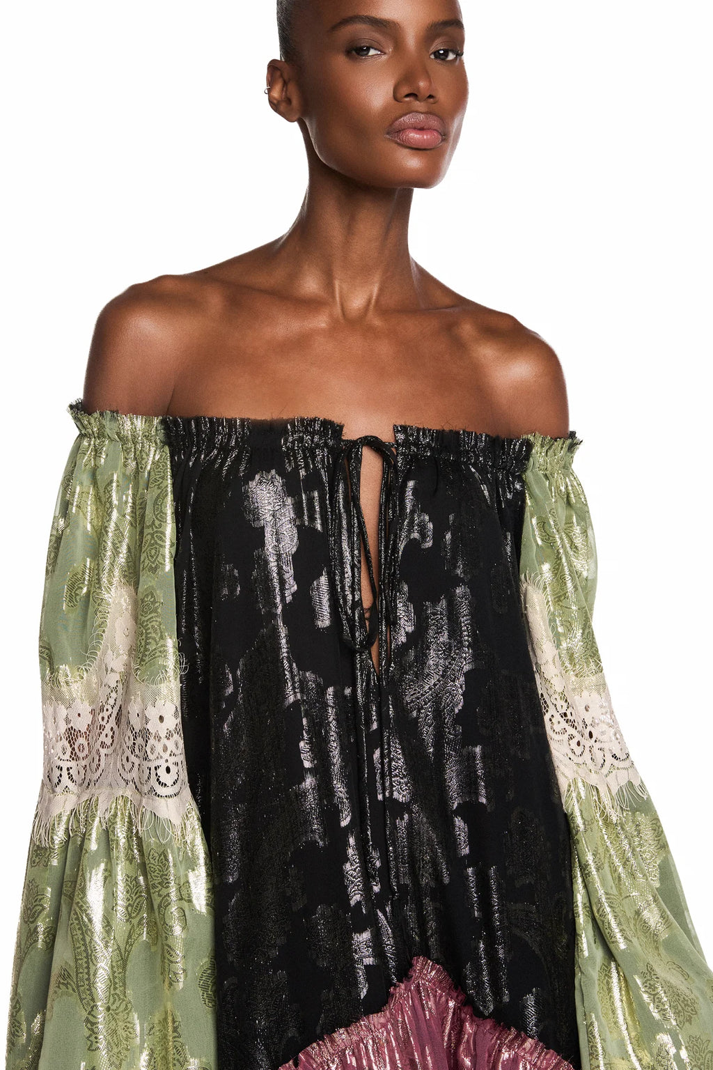 VESTIDO LONGO AMPLO MANGA LONGA PATCHWORK JACQUARD LUREX RENDA