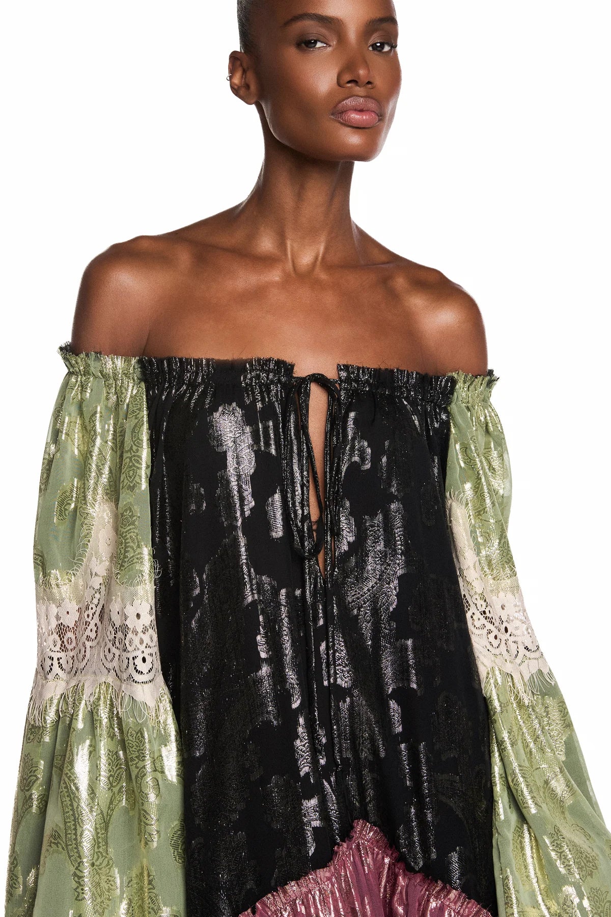 VESTIDO LONGO AMPLO MANGA LONGA PATCHWORK JACQUARD LUREX RENDA