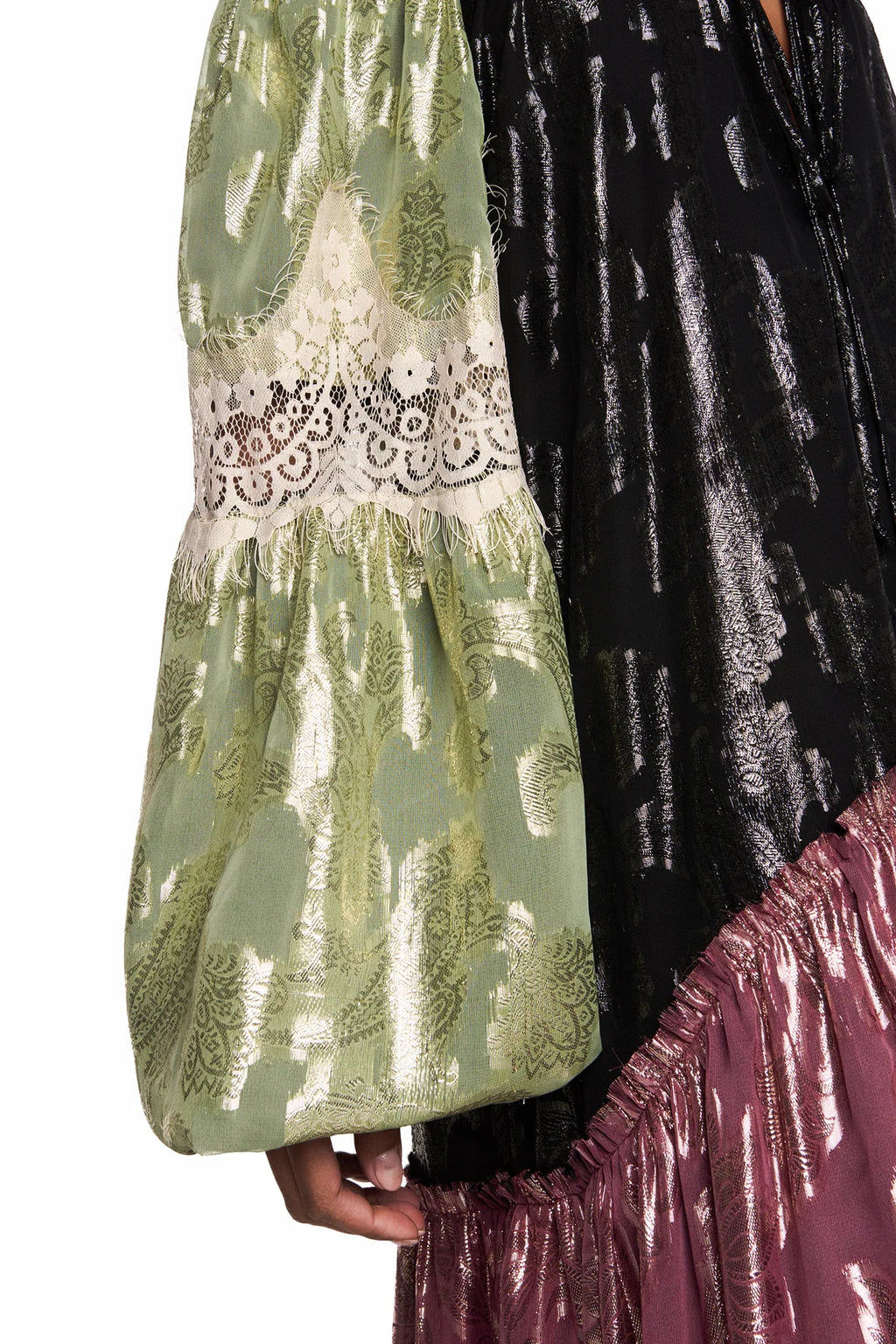 VESTIDO LONGO AMPLO MANGA LONGA PATCHWORK JACQUARD LUREX RENDA