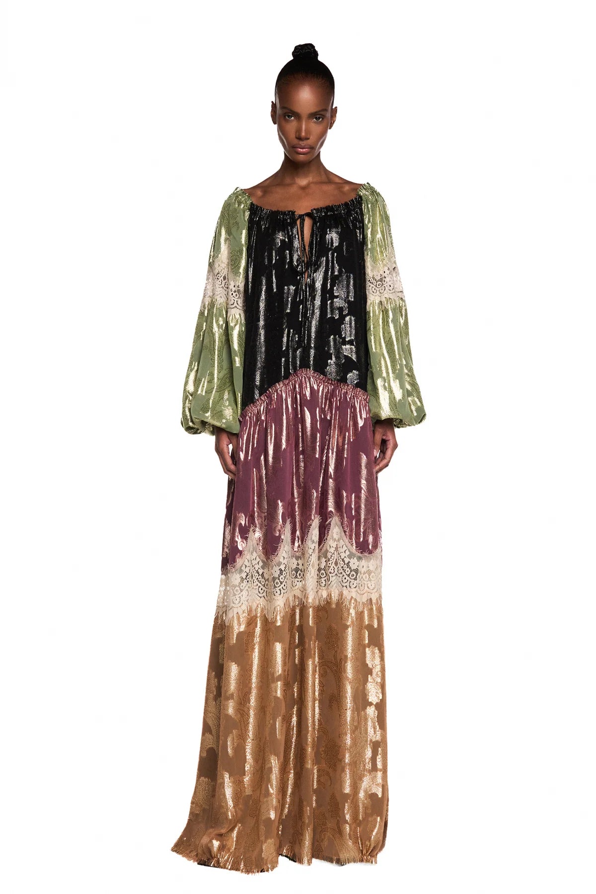 VESTIDO LONGO AMPLO MANGA LONGA PATCHWORK JACQUARD LUREX RENDA