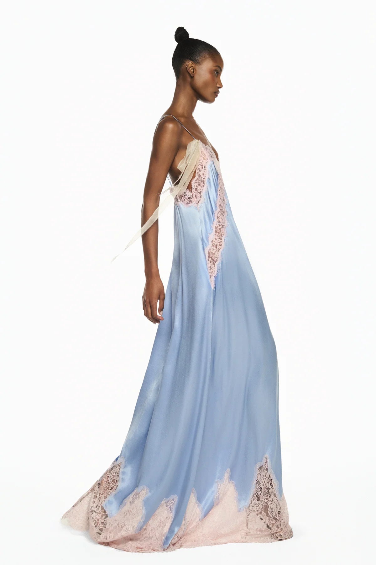 VESTIDO LONGO CETIM AZUL RENDA ROSA