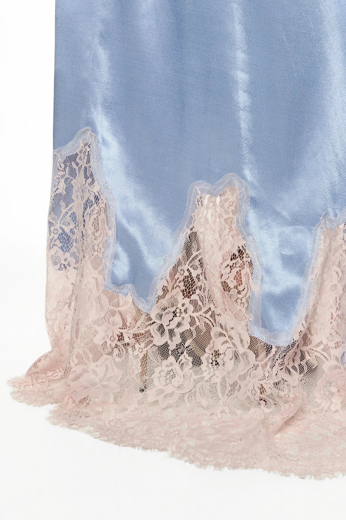 VESTIDO LONGO CETIM AZUL RENDA ROSA