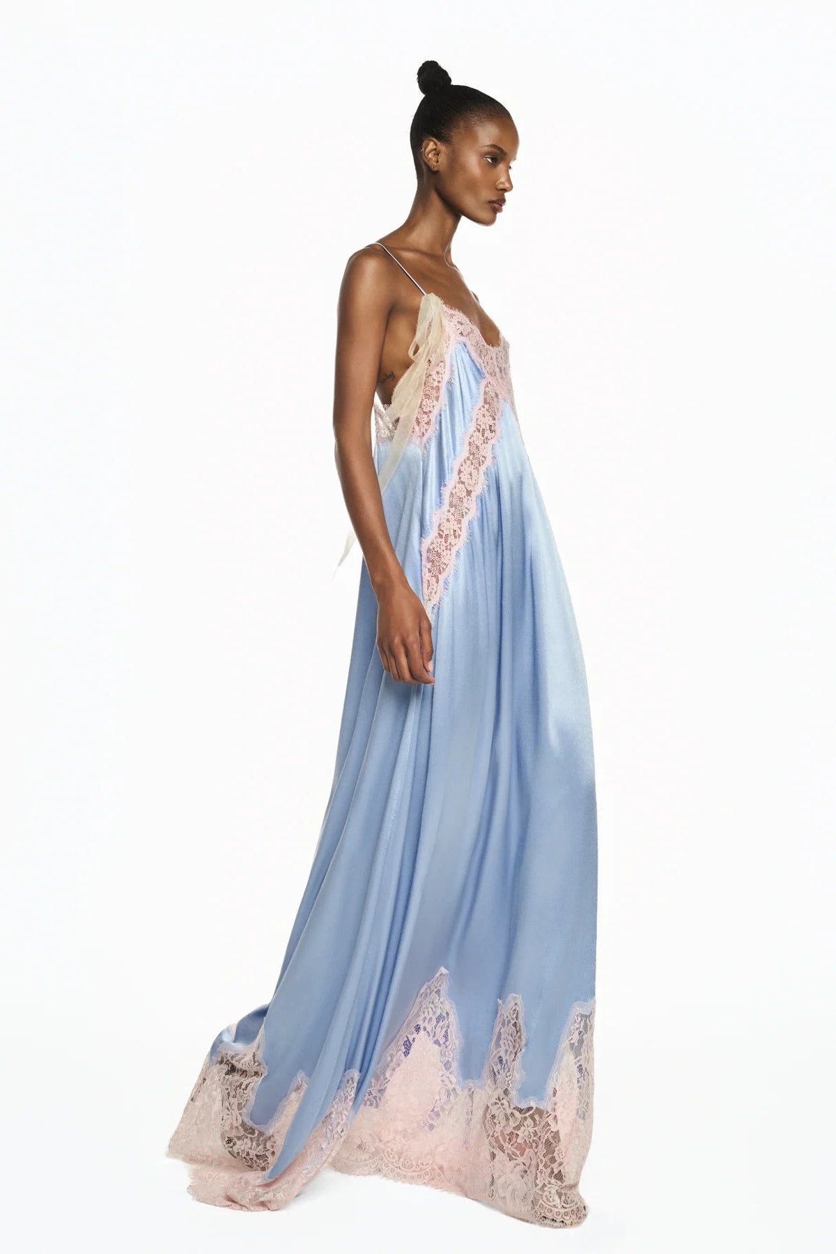 VESTIDO LONGO CETIM AZUL RENDA ROSA