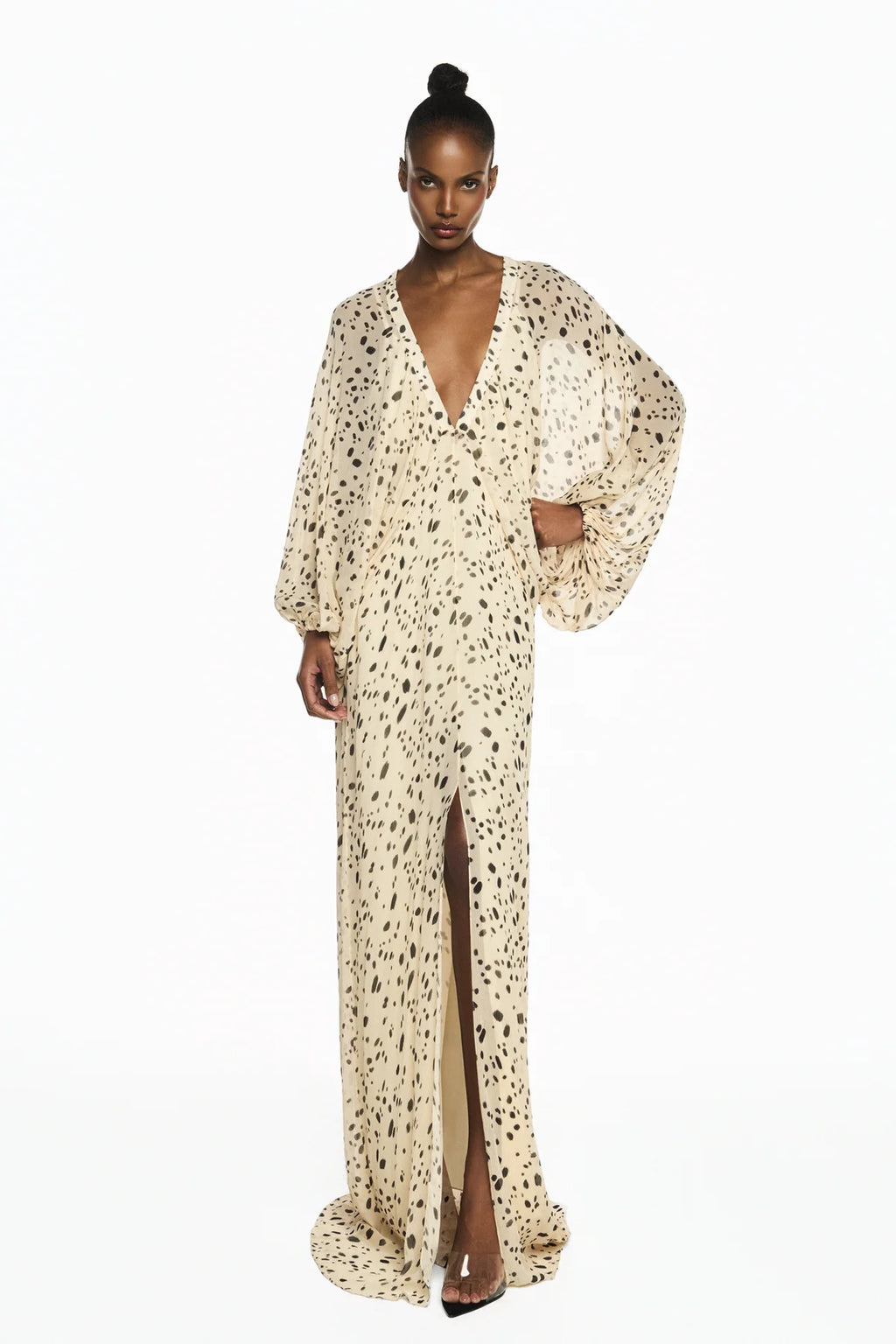 VESTIDO LONGO MANGA RAGLAN DECOTE V CHIFFON DÁLMATA