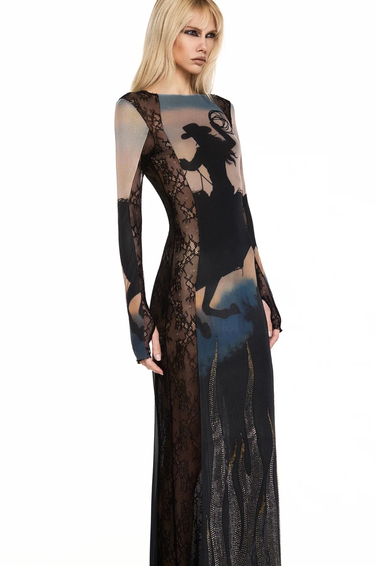 VESTIDO LONGO MANGA LONGA TULE E RENDA WILD FIRE