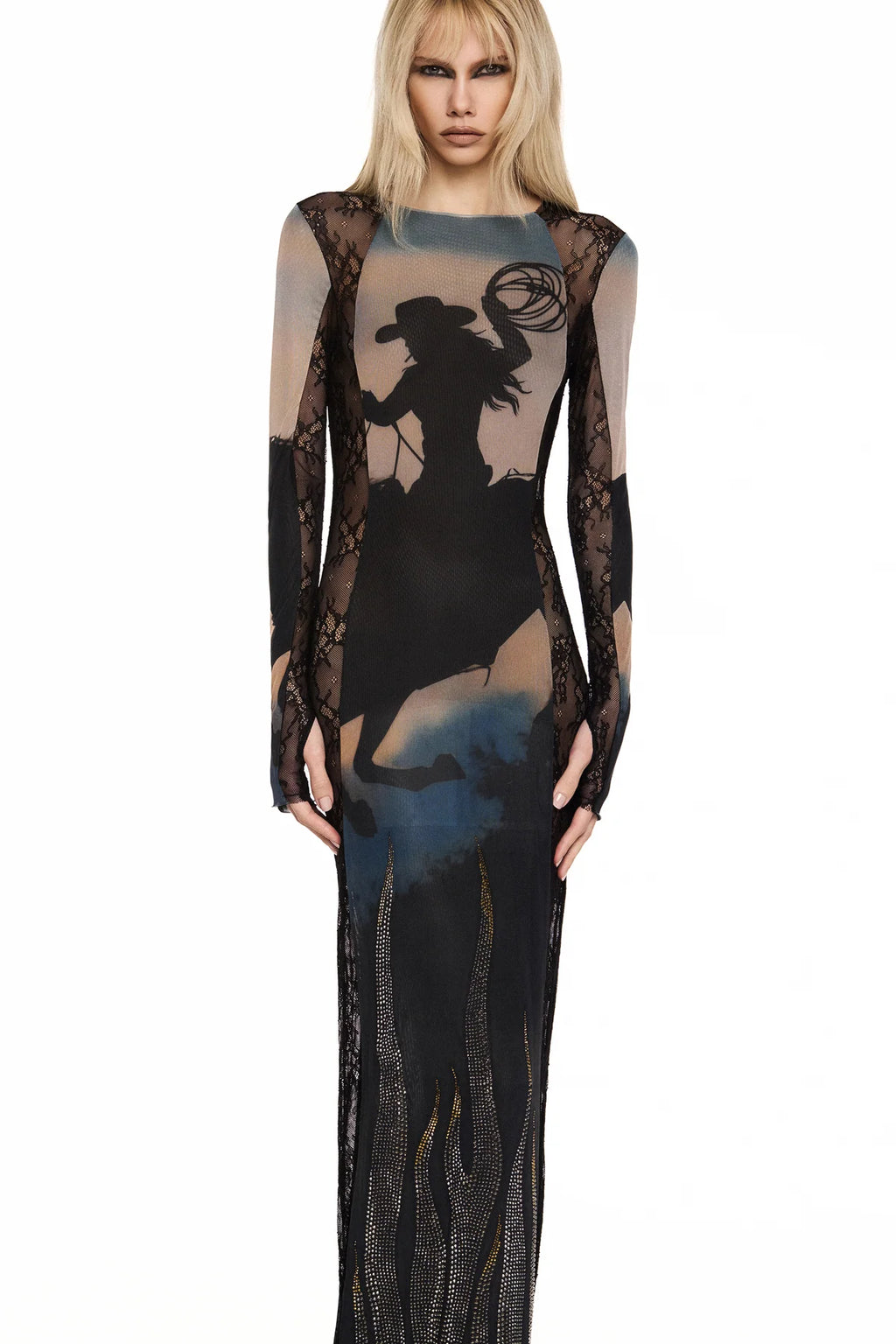 VESTIDO LONGO MANGA LONGA TULE E RENDA WILD FIRE