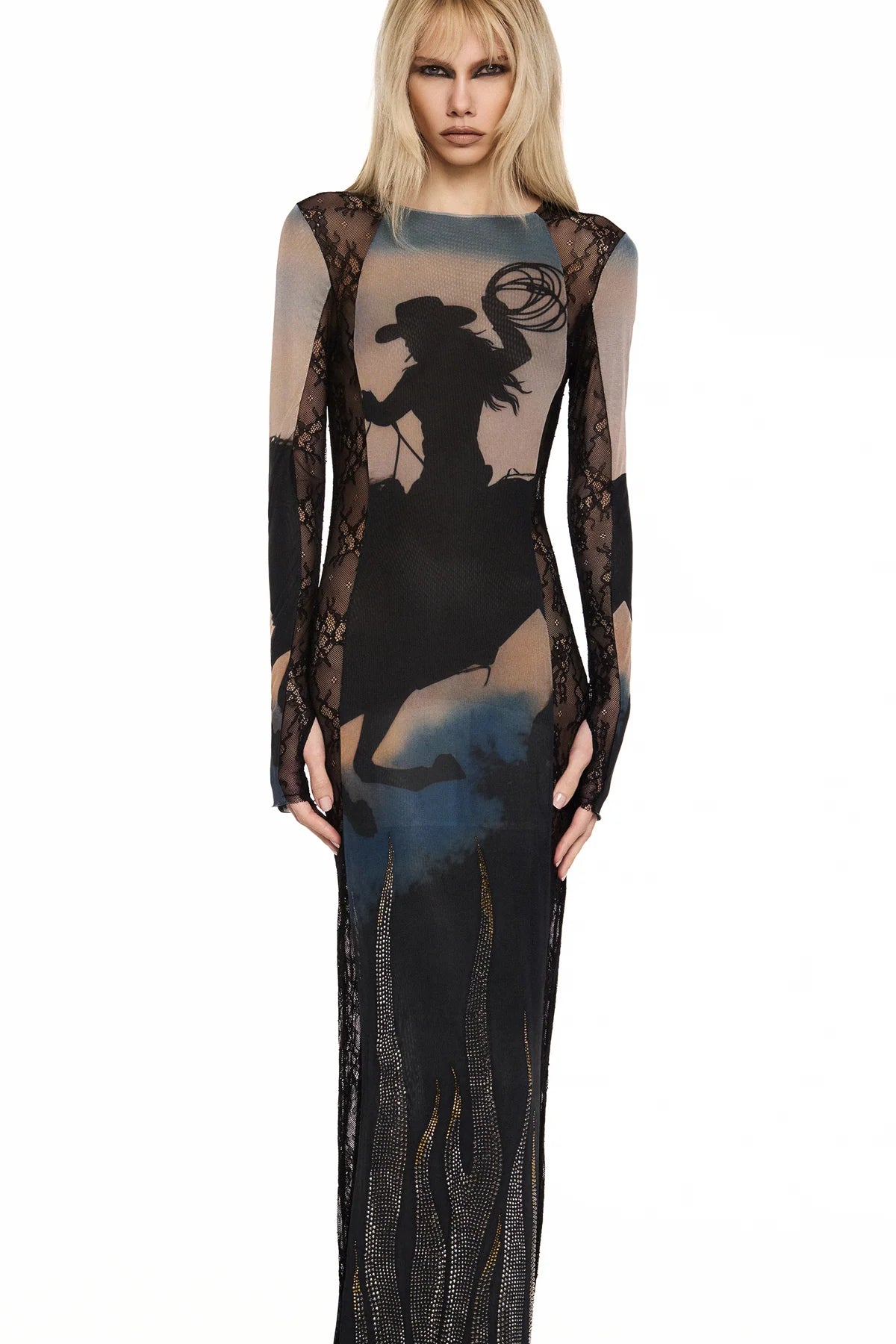 VESTIDO LONGO MANGA LONGA TULE E RENDA WILD FIRE