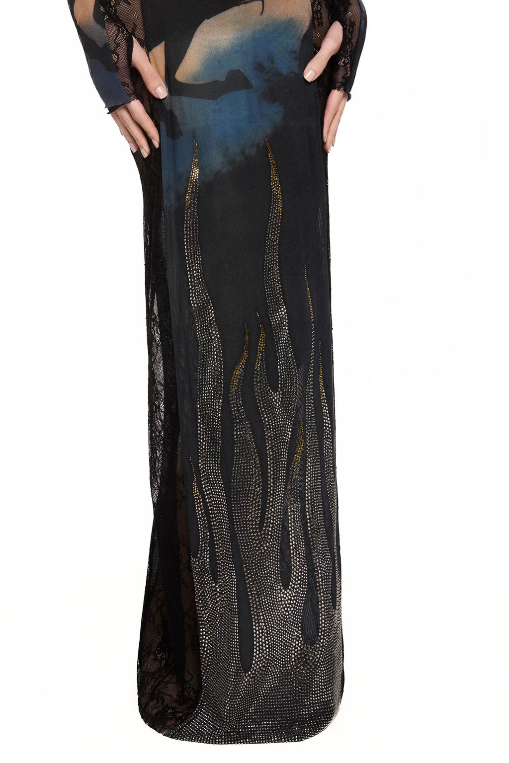 VESTIDO LONGO MANGA LONGA TULE E RENDA WILD FIRE