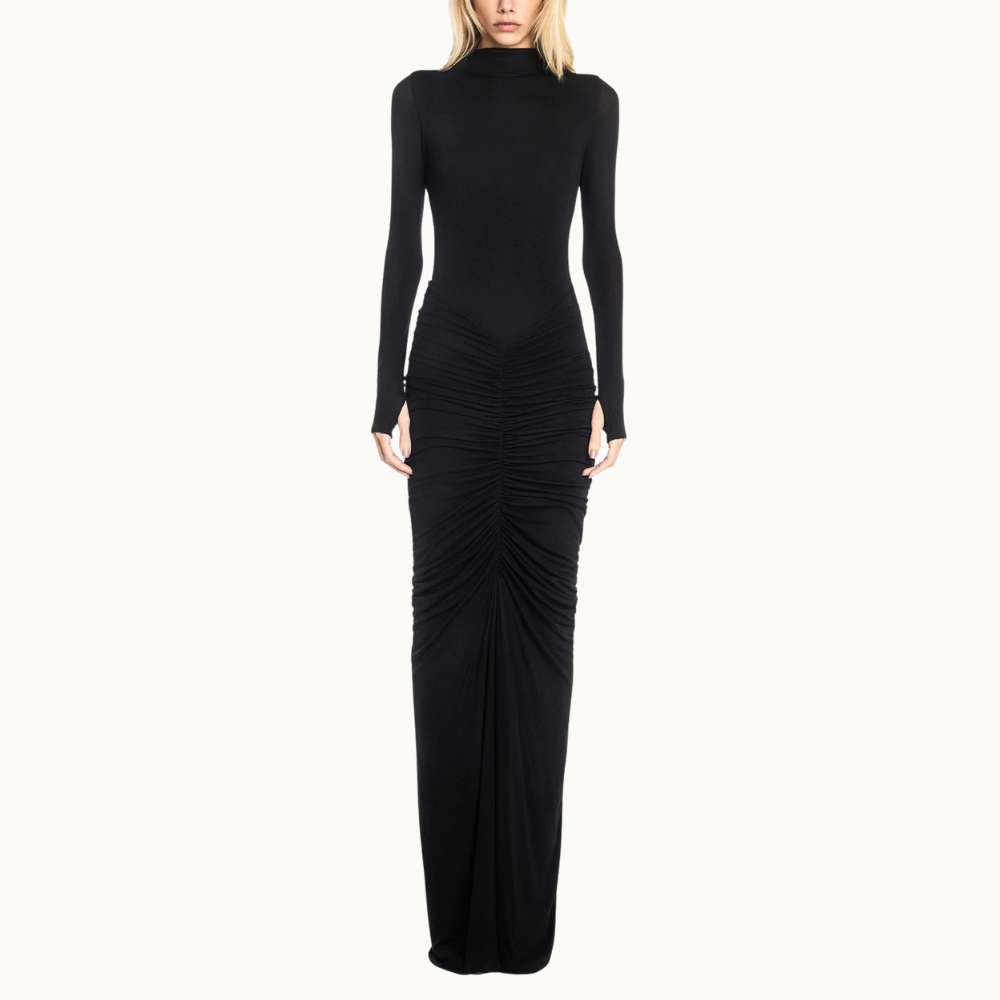 VESTIDO LONGO MANGA LONGA SAIA DRAPEADA COSTAS ABERTAS
