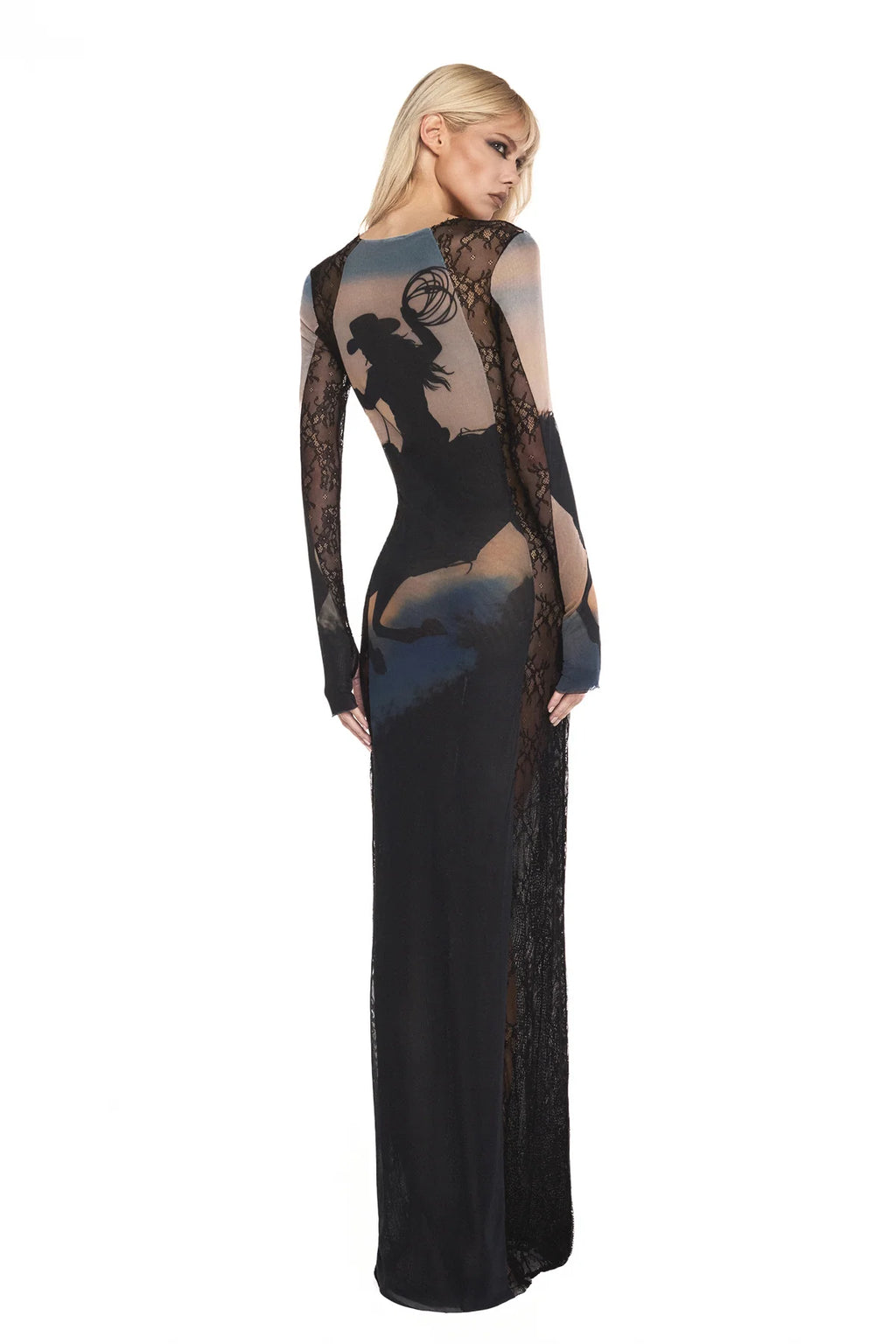 VESTIDO LONGO MANGA LONGA TULE E RENDA WILD FIRE