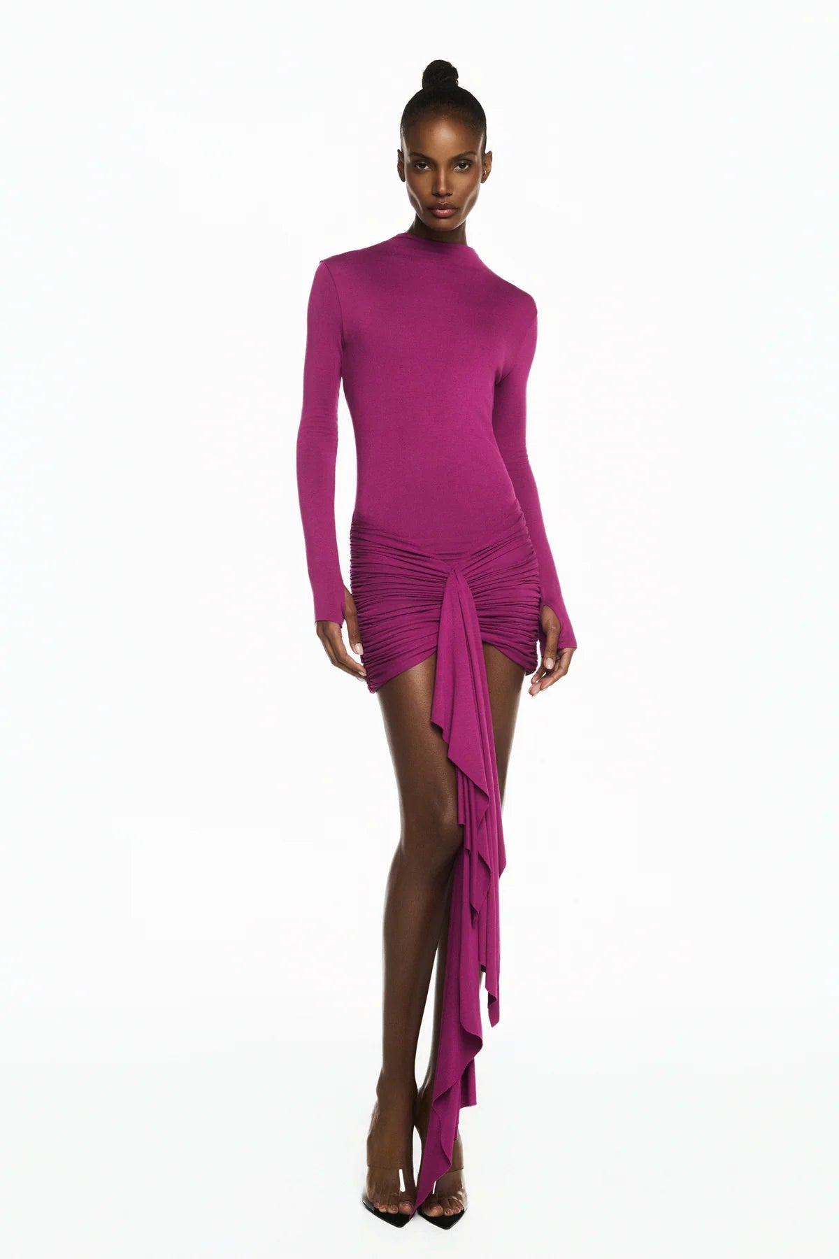 VESTIDO CURTO MANGA LONGA SAIA DRAPEADA COSTAS ABERTAS MALHA FUCSIA