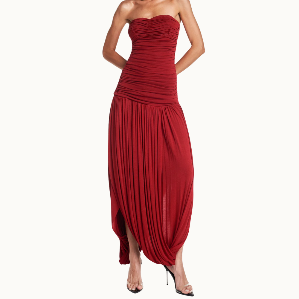 VESTIDO TOMARA QUE CAIA CORPO DRAPEADO SAIA TORCIDA