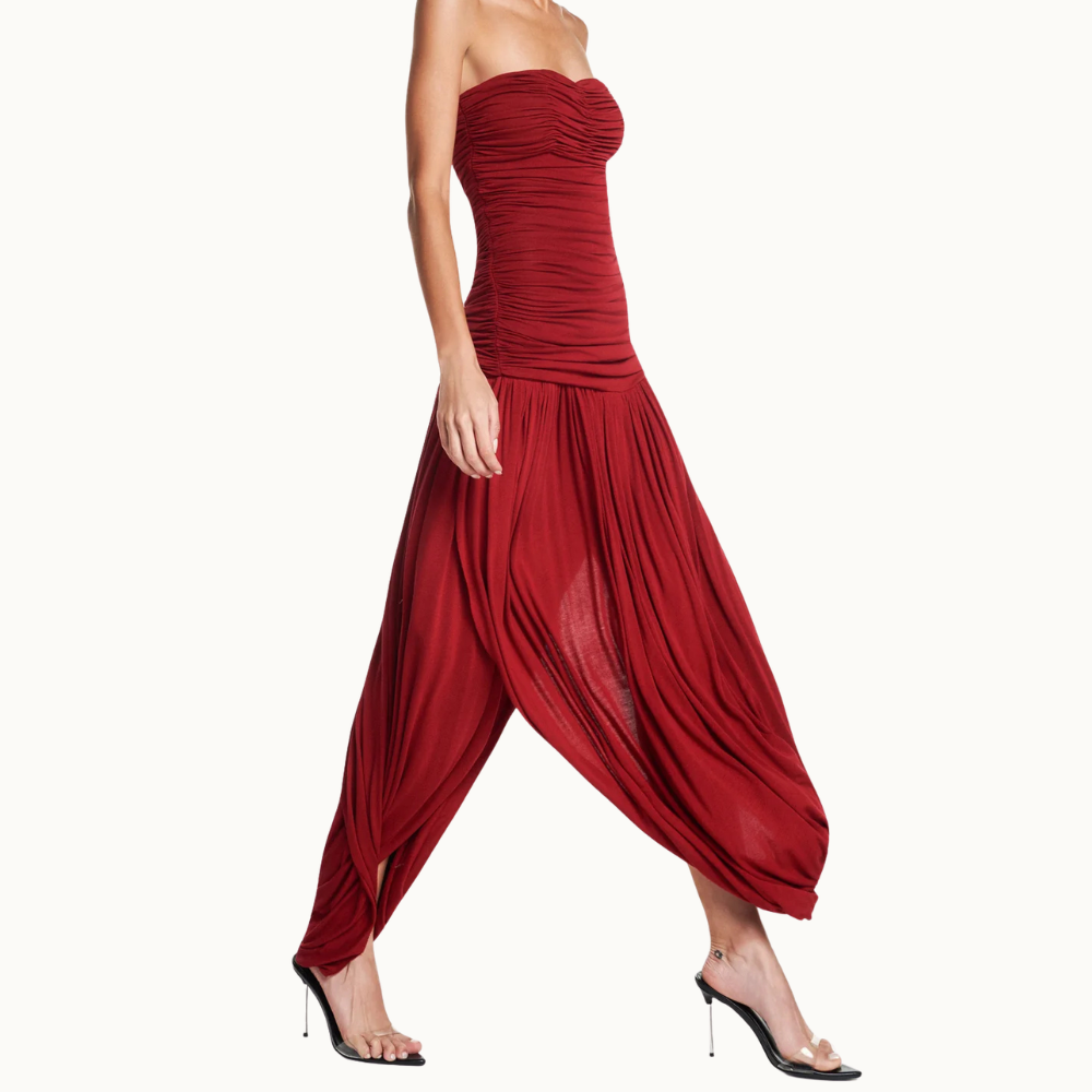 VESTIDO TOMARA QUE CAIA CORPO DRAPEADO SAIA TORCIDA