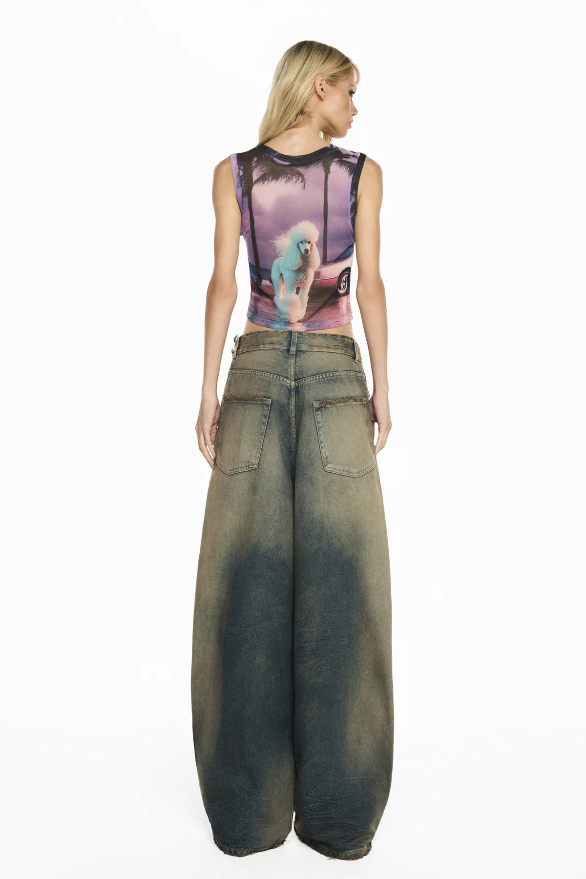 CALÇA JEANS MANCHADA PERNA AMPLA BALLOON CADARÇO
