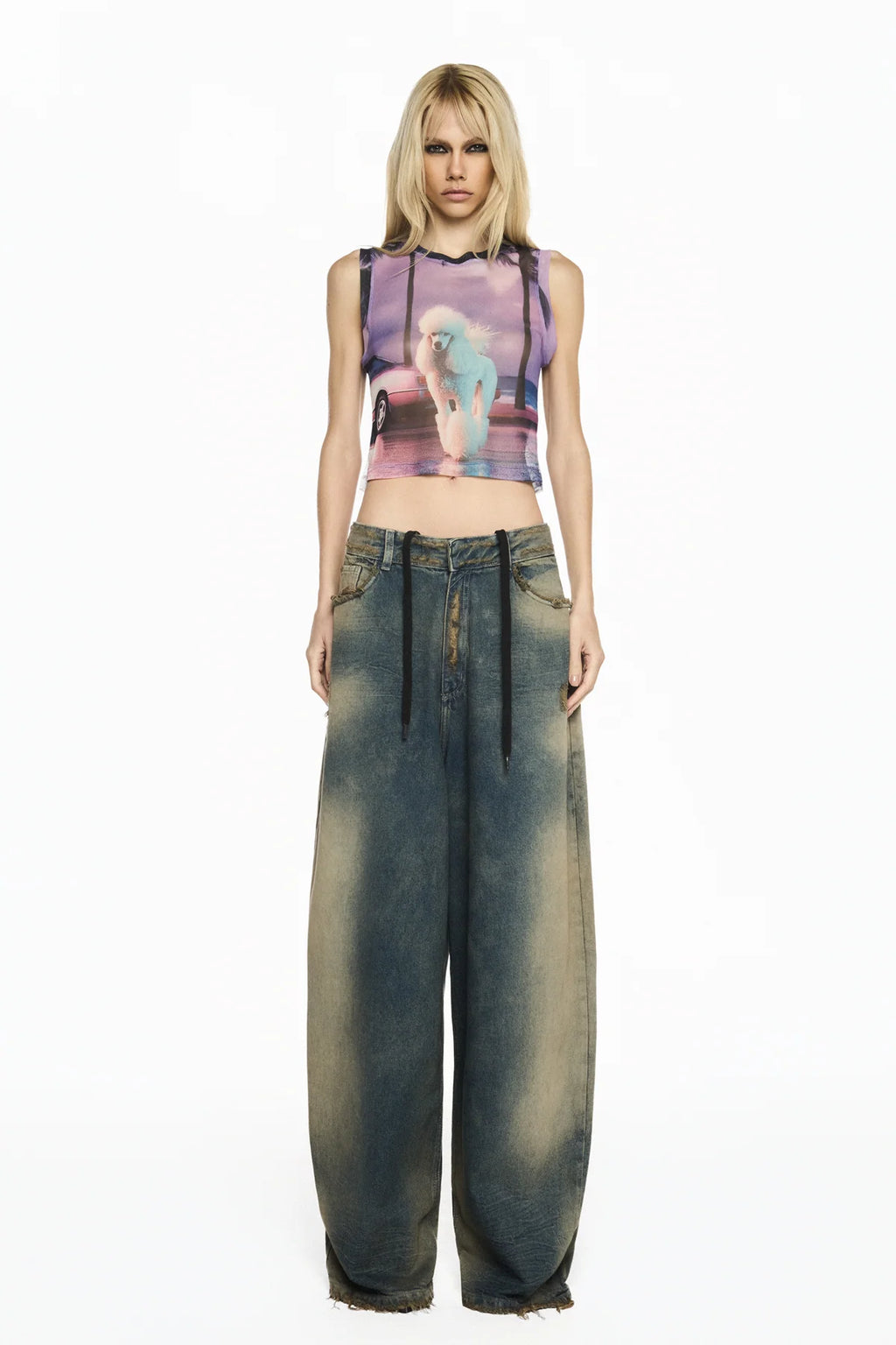 CALÇA JEANS MANCHADA PERNA AMPLA BALLOON CADARÇO
