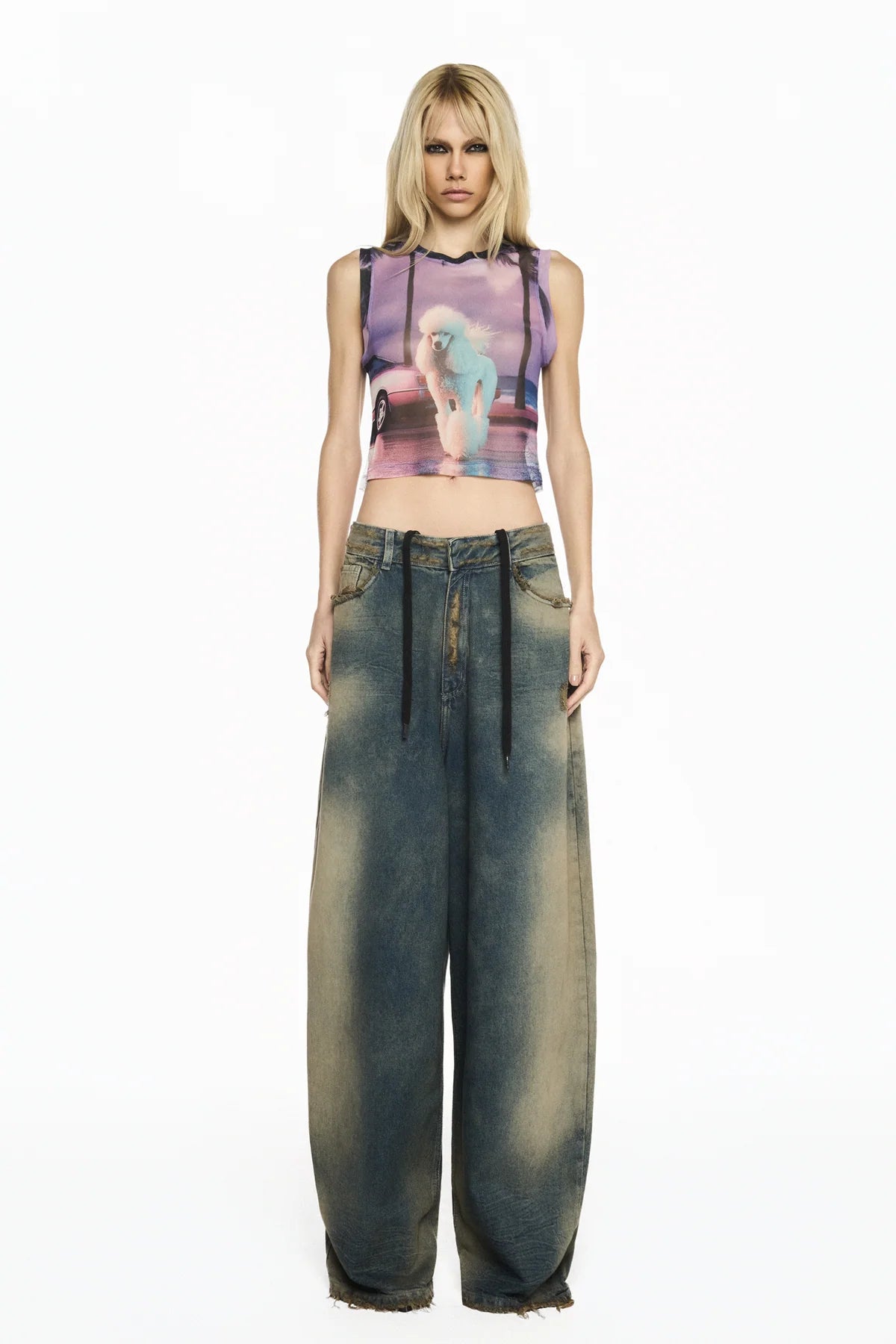 CALÇA JEANS MANCHADA PERNA AMPLA BALLOON CADARÇO