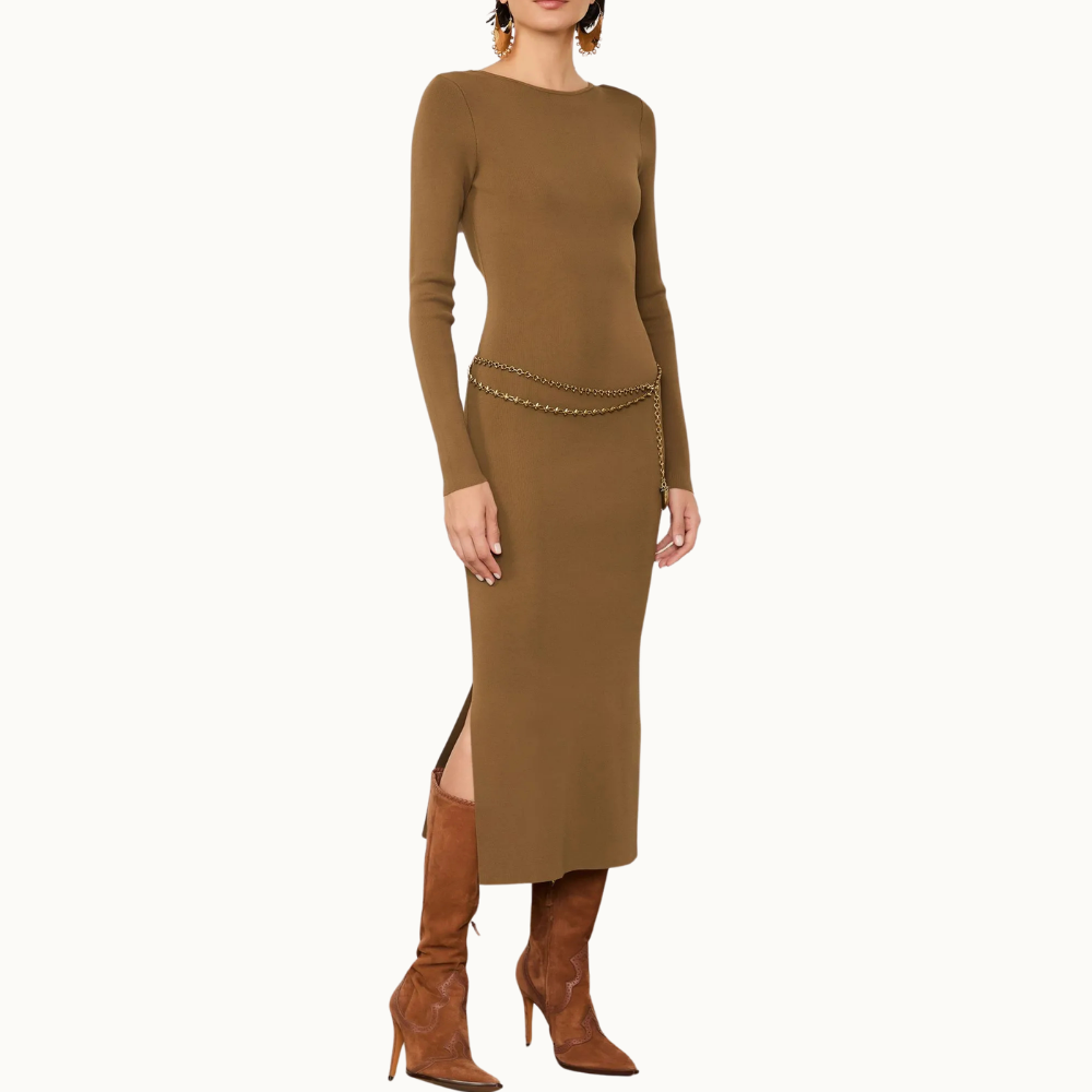 Vestido De Tricot Midi Com Abertura Costas e Fechamento Metal