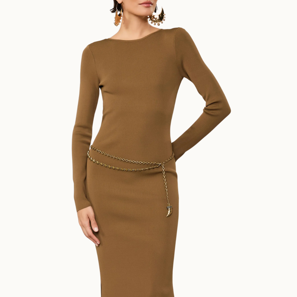 Vestido De Tricot Midi Com Abertura Costas e Fechamento Metal