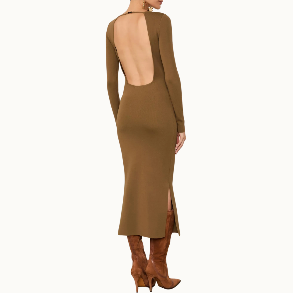 Vestido De Tricot Midi Com Abertura Costas e Fechamento Metal